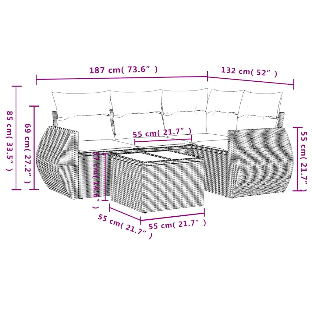 Set Divano da Giardino 5pz | Set Salotto da Giardino con Cuscini Grigio Chiaro Polyrattan