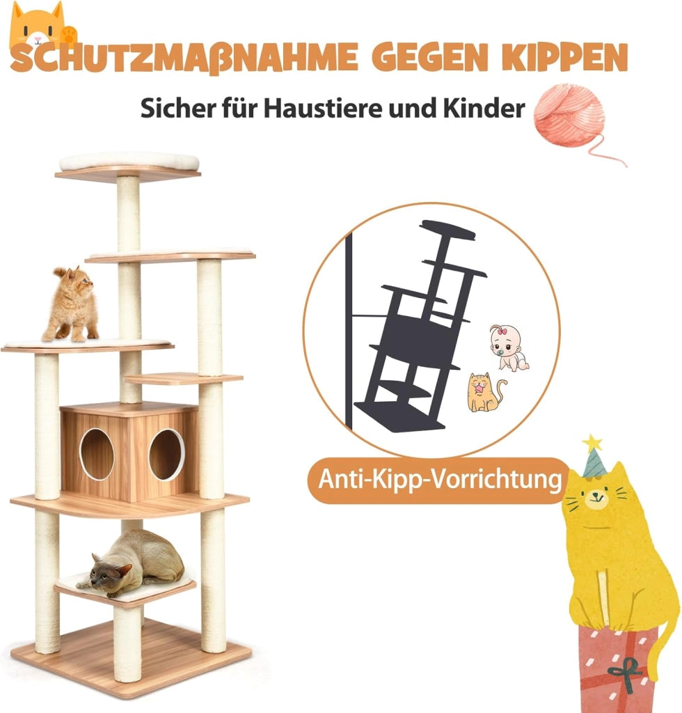 Tiragraffi grande 175 cm di altezza, robusto albero per gatti in legno, con 6 piattaforme, casetta per gatti e tronchi sisal, mobili per gatti, albero attività (naturale)