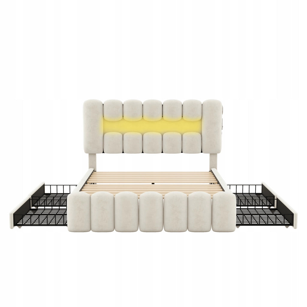 Letto con contenitore 140x200 - Xylo - LED, USB, 4 cassetti, sistema stereo, beige