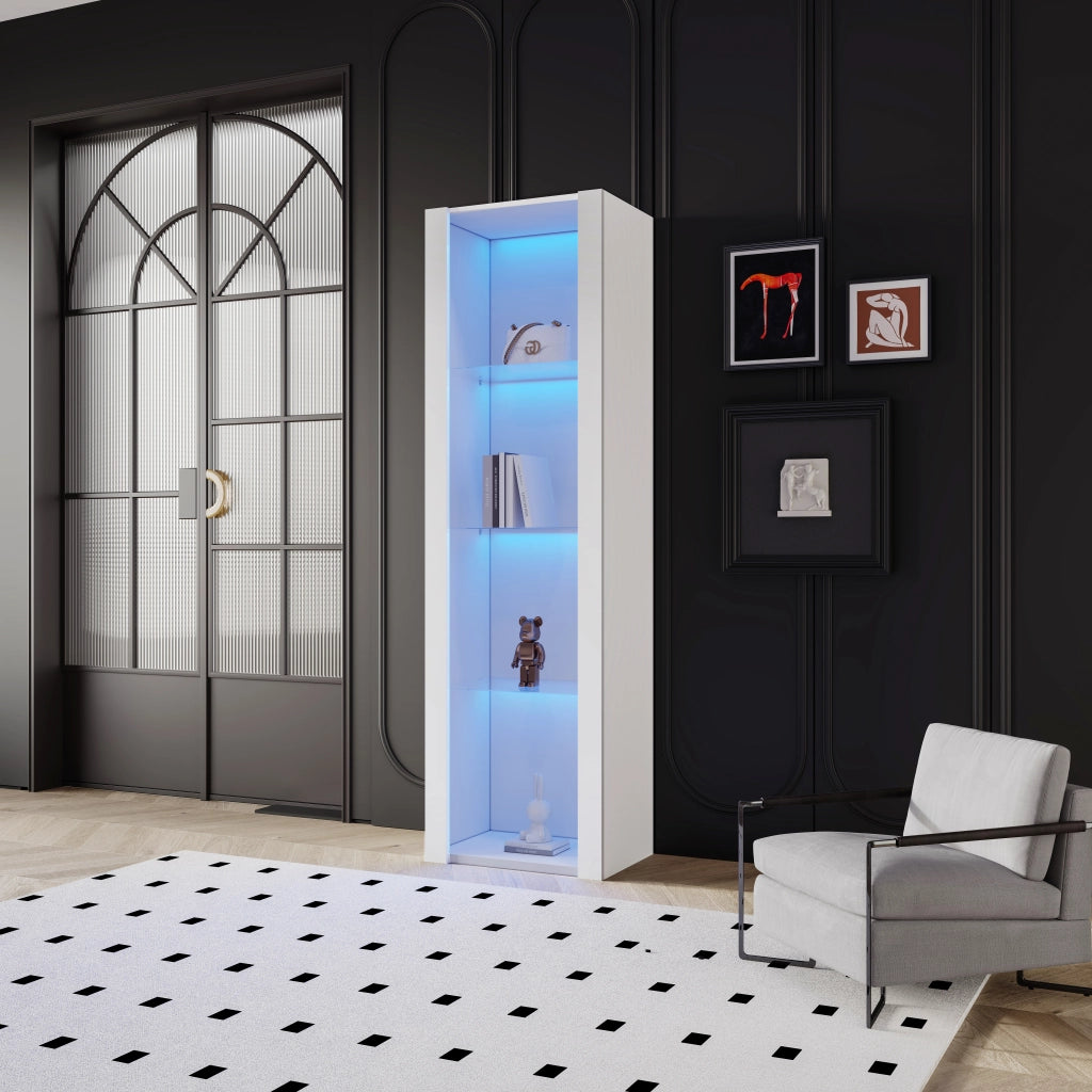 Vetrina con LED da app e 3 ripiani in vetro, finitura bianca lucida, per soggiorno e ufficio, 55 × 38 × 166 cm