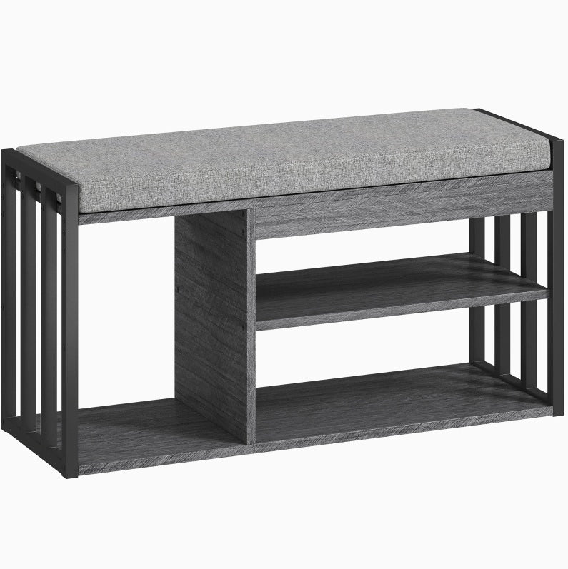Panca portascarpe 86x30x45.4 cm con cuscino e 3 ripiani in legno grigio