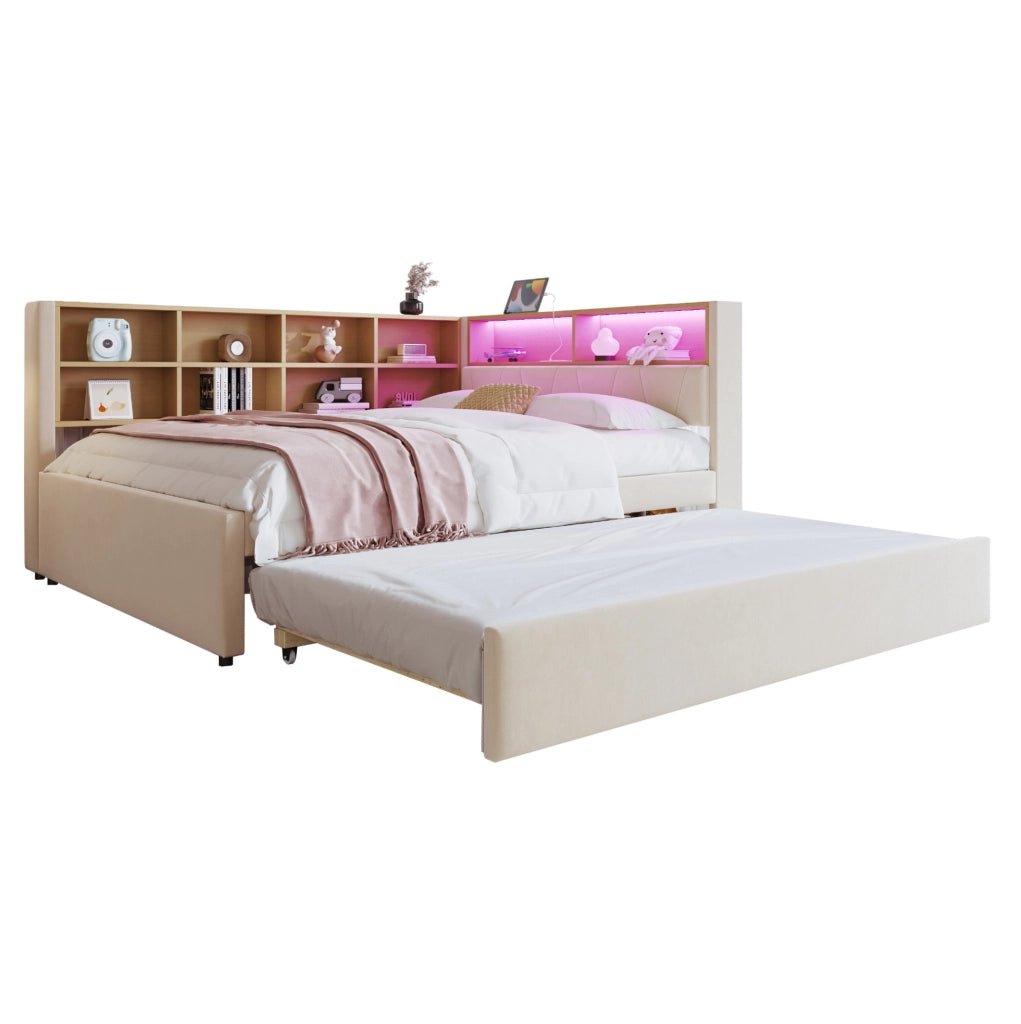 Divano letto multifunzionale 140x200 cm con letto estraibile 90x190 cm; LED e prese; beige