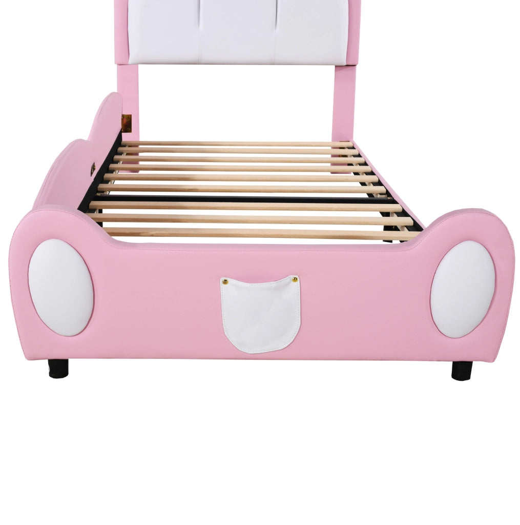 Letto singolo imbottito ULEVR 90x200 cm con testiera a corona, similpelle rosa e bianca