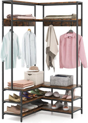 Stand Appendiabiti Angolare, Appendiabiti a Forma L con Ripiani Aperti 7 Ganci e Panca per Scarpe, Struttura in Metallo e Piedini Regolabili, 90x90x178 cm (Marrone industriale)