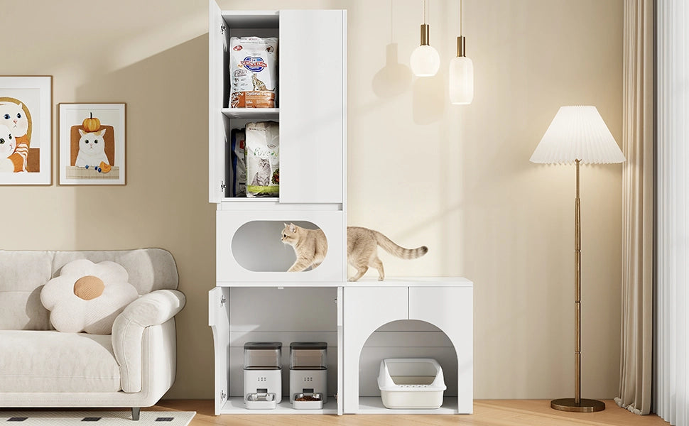 Mobile coperto per lettiera per gatti con 2 vani toilette, zona riposo e armadio, bianco, 140 × 45 × 195 cm