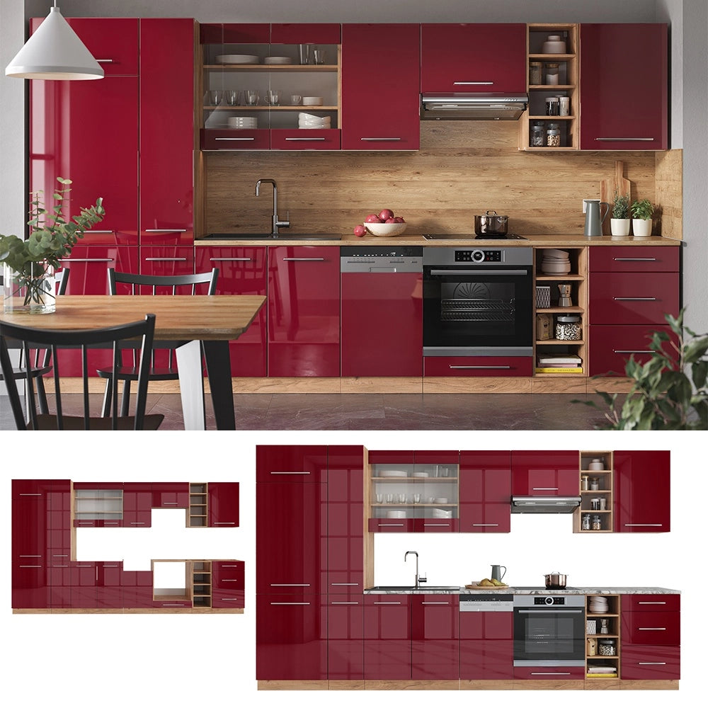 Cucina componibile Fame-Line Bordeaux lucido/Rovere dorato 355 cm, PL Marmo Vicco
