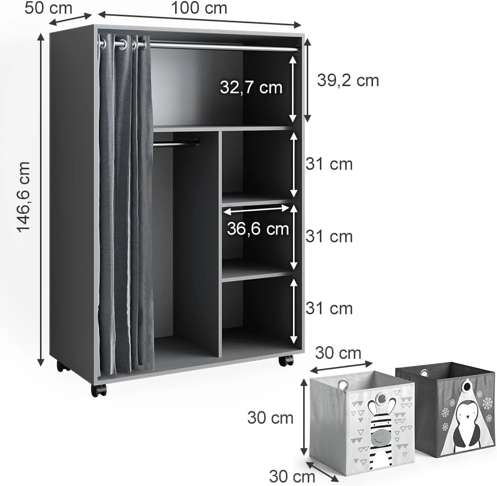 Armadio multifunzione Doros, Grigio, 100 x 146.6 cm con box pieghevole, per la conservazione flessibile di abbigliamento e accessori