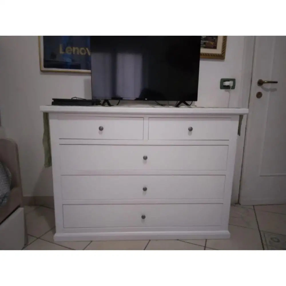 Como 3 cassetti 122x55x90H e 2 Comodini 60x35x64H arte povera in legno massello e mdf con rifinitura in bianco