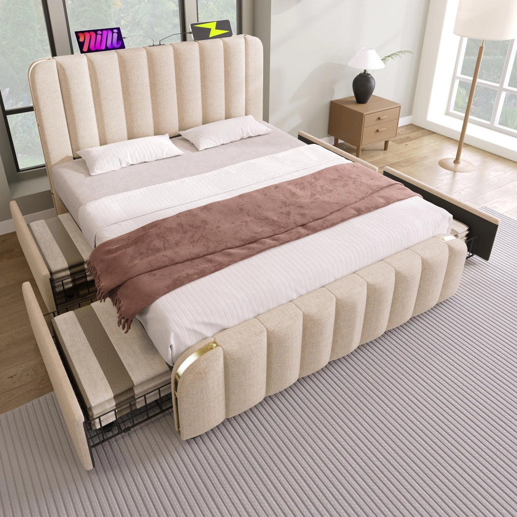 Letto matrimoniale imbottito 160x200 cm in lino beige con 4 cassetti; USB e materasso