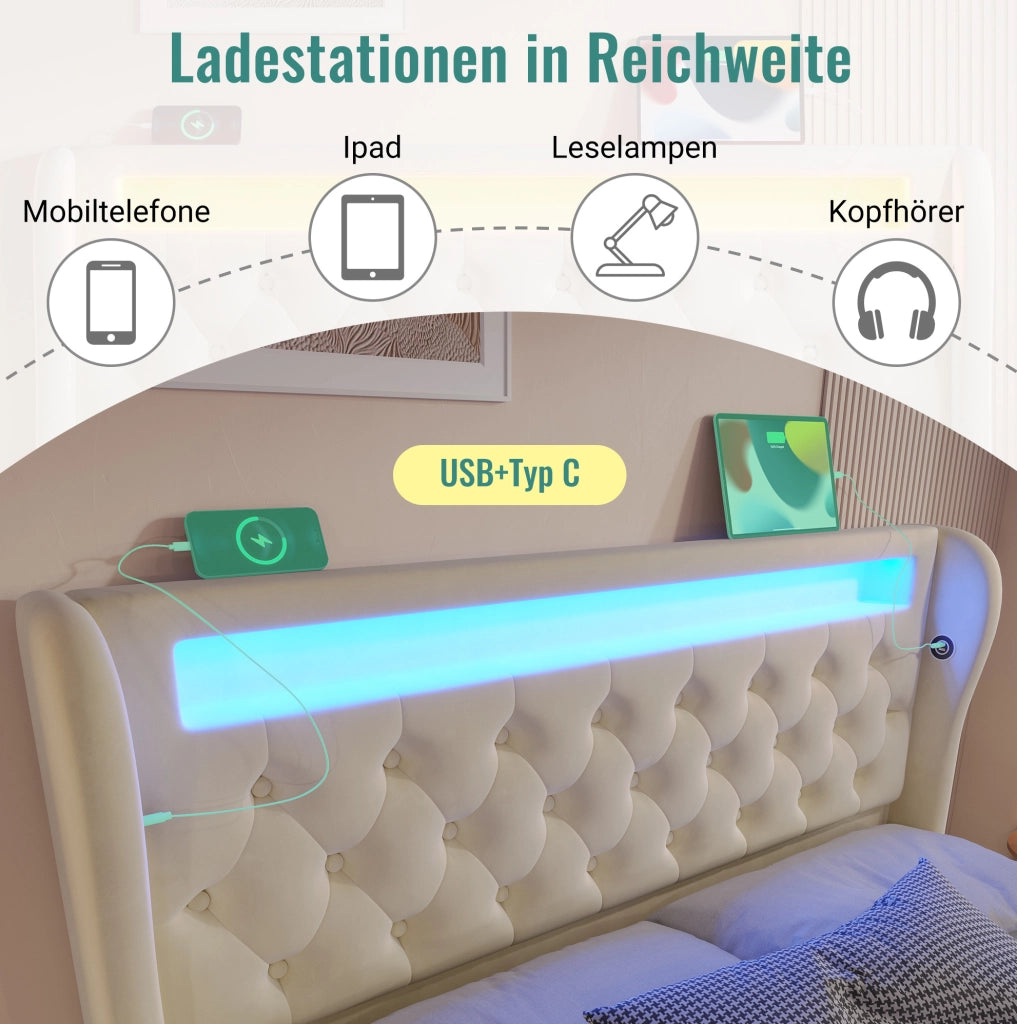 Letto imbottito con LED e ricarica integrata, 140 x 190 cm, beige