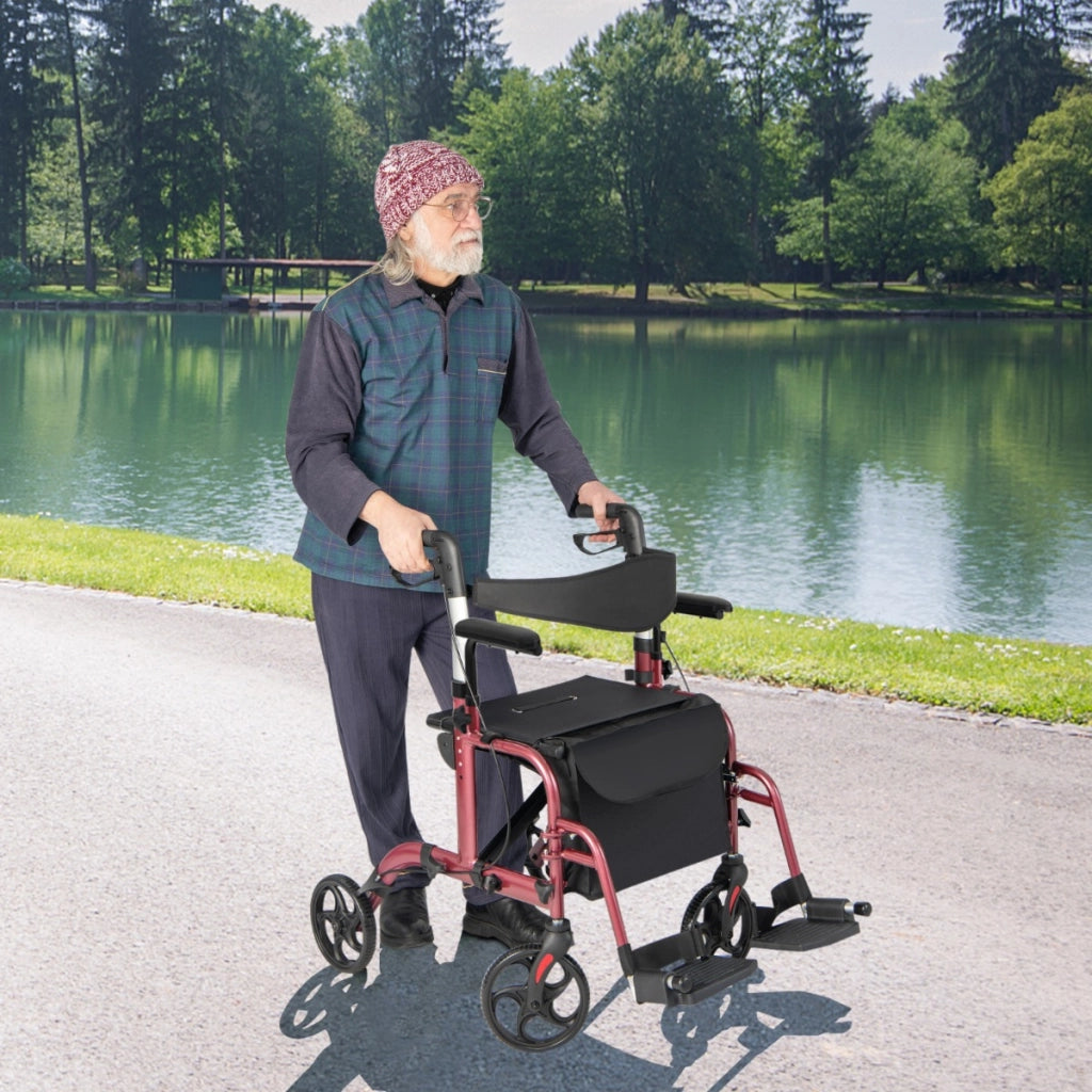 Deambulatore 2-in-1 con ausilio per camminare pieghevole e sedile grande-Deambulatore porta ombrello e borsa per persone con disabilit¨¤ Rosso