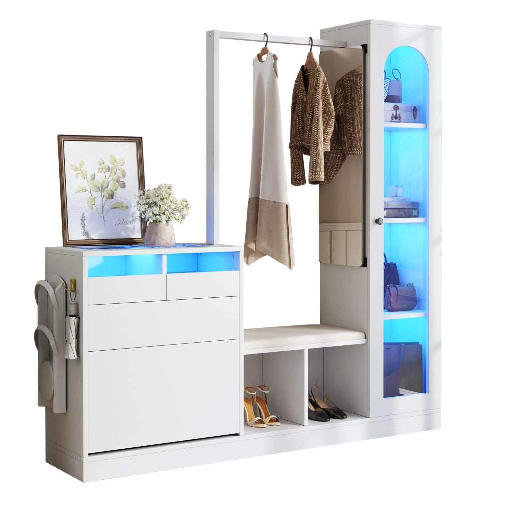 OKWISH Mobile da Ingresso con Vetrina, Panca Scarpiera, Specchio Girevole e LED, Pannello di Particelle, 163 x 50 x 161 cm, Bianco