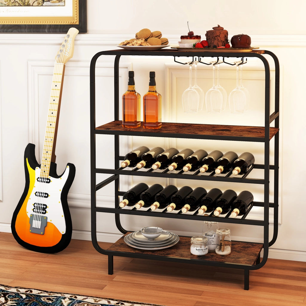 Portabottiglie per vino da 16 bottiglie con portacalici, Scaffale da pavimento a 5 ripiani stile industriale metallo per cucina home bar