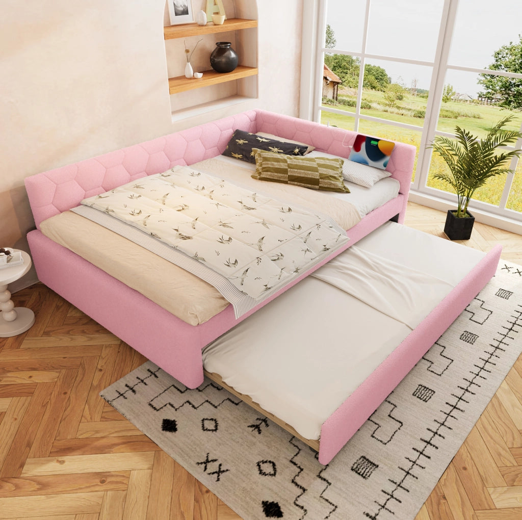 Daybed 140x200 cm con rete, divano letto estraibile multifunzione, luce da comodino, USB e Type-C, rosa