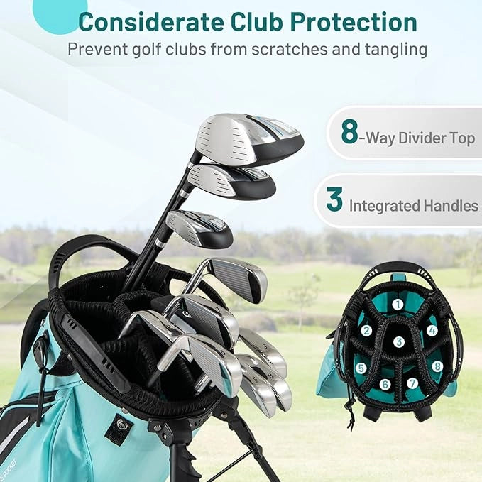 Borsa da Golf con Divisori Superiori a 8 Vie & 5 Tasche con Cerniera, Tracolla Regolabile a Doppia Spalla, Cappuccio Antipioggia e Portombrelli, Sacca da Golf per Donna e Uomo