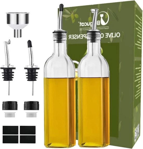 Due fusti di vetro da olio da cucina 500ml con dispenser e getto senza chiusura anti-vuoto, leva e drizza, per cucina e insalata - dispenser olio con etichetta