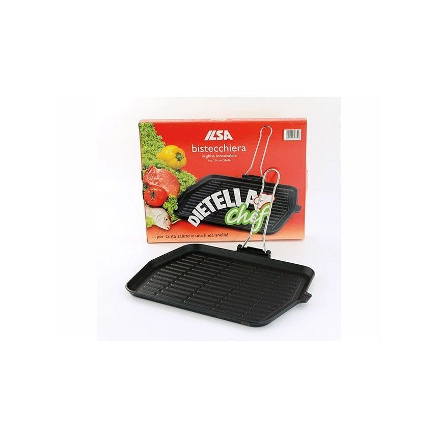 ILSA ILS170216 Dietella Chef Bistecchiera in Ghisa Rettangolare 28x36 cm Antiaderente con Manico in Acciaio Inox colore Nero