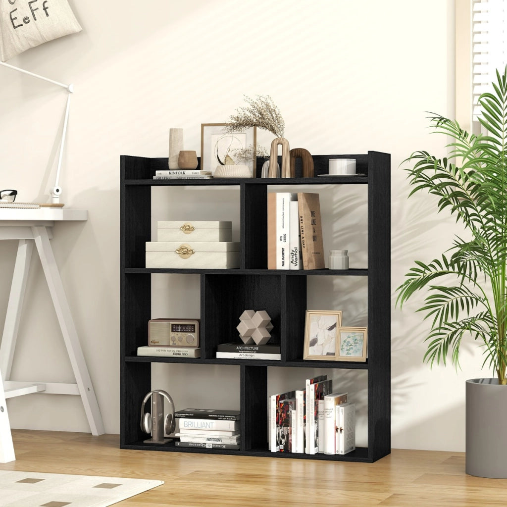 Libreria a cubi aperti con 7 scomparti, Mensola espositiva per l'archiviazione in legno per studio soggiorno Nero-Librerie