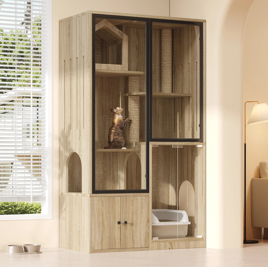 Mobile per gatti a 4 livelli in vetro e legno 90x50x160 cm