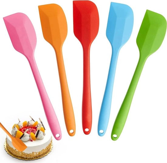 Set di 5 spatole in silicone con nucleo metallico, resistente al calore fino a 260°C, ideale per cucinare e cuocere.