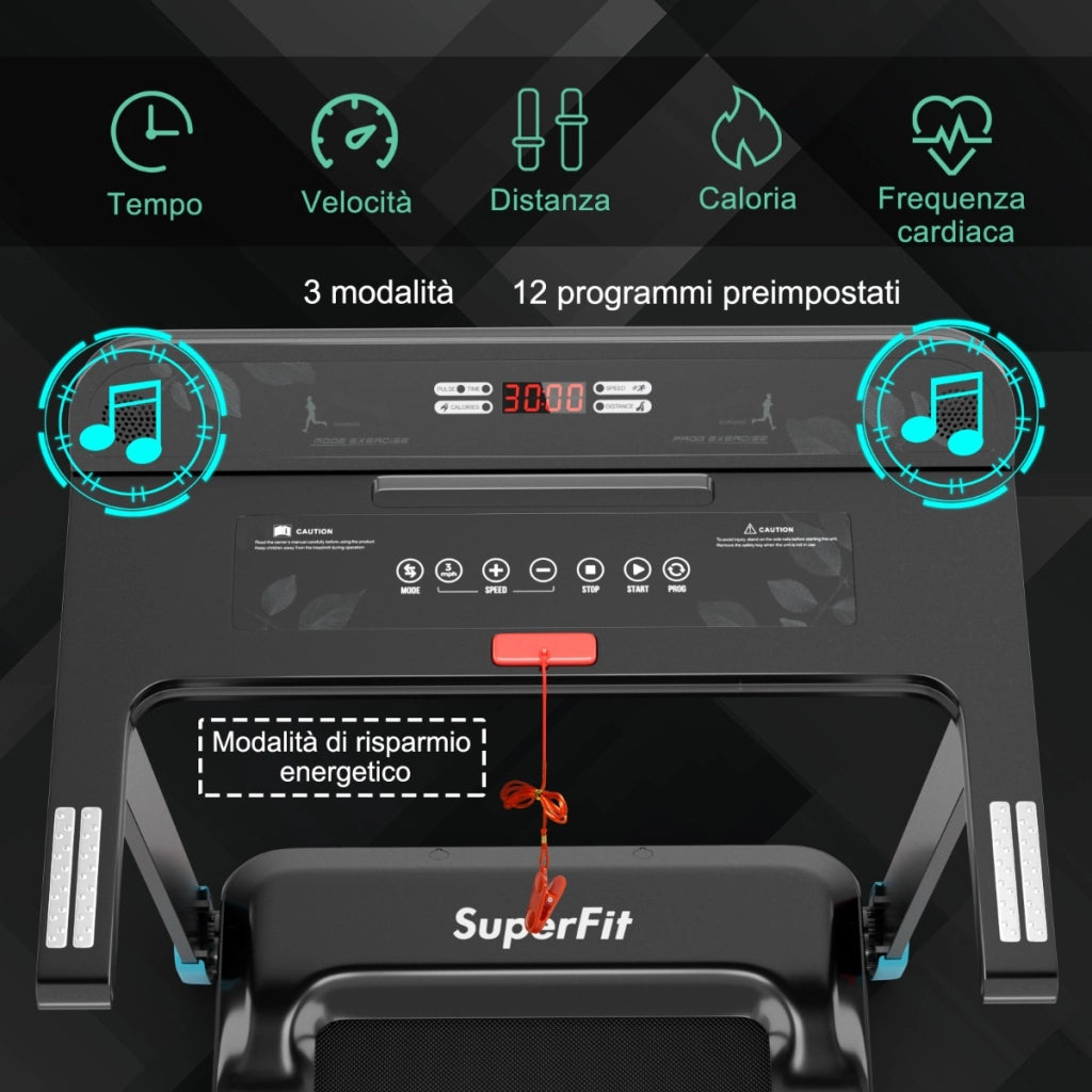 Tapis roulant pieghevole per casa con controllo APP, Tapis roulant compatto con schermo LED Nero e blu-Tapis roulant