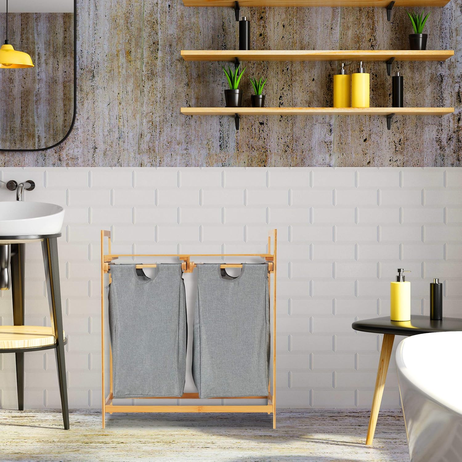 Cesto Porta Biancheria in Legno Bambù 2 Cesti in Tessuto con Mensola Superiore