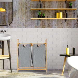 Cesto Porta Biancheria in Legno Bambù 2 Cesti in Tessuto con Mensola Superiore