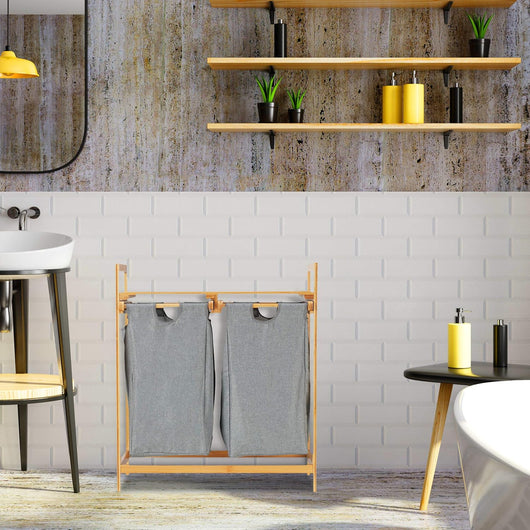 Cesto Porta Biancheria in Legno Bambù 2 Cesti in Tessuto con Mensola Superiore