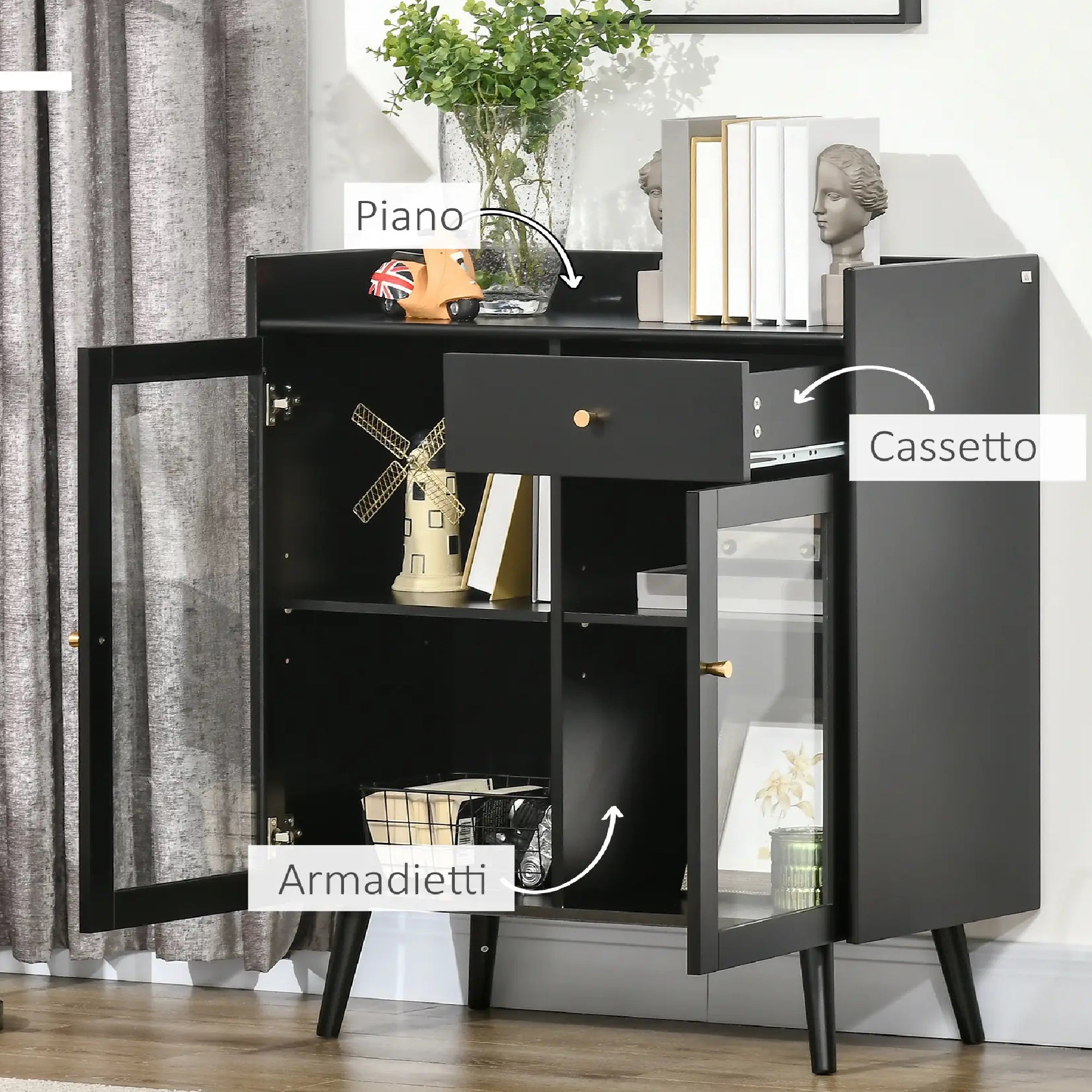 Mobile 2 Ante Ripiano Regolabile e Spazi Aperti in Legno MDF 80x40x94.3cm Nero