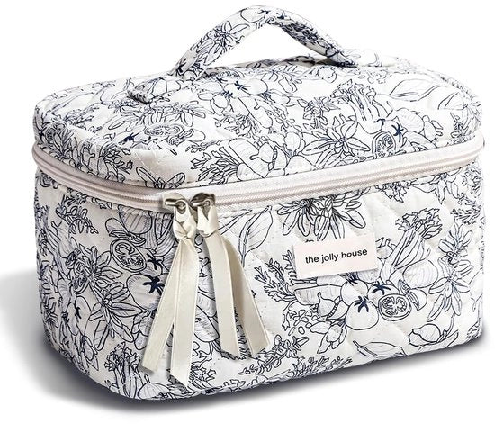 Set di borse cosmetiche per donne, borsa di makeup a fiori, borsa di makeup estetica, borse da toeletta imbottite, borsa di bellezza, cotone, fiori azzurri (grande)