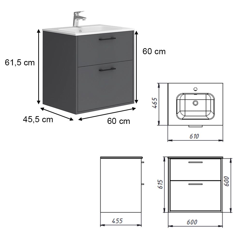 Vicco Set di mobili da bagno Antracite 61 x 61.5 cm con lavabo