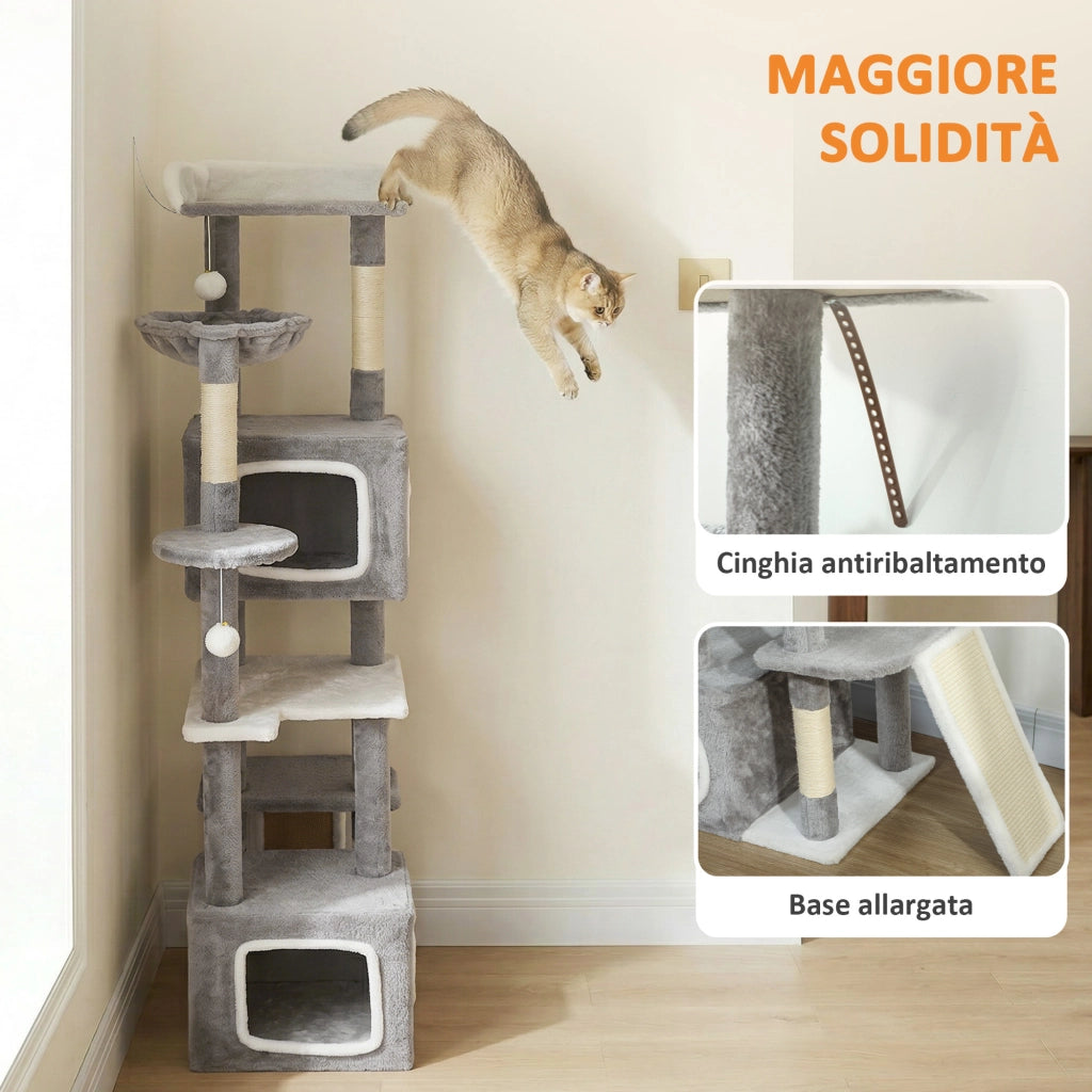 Albero Tiragraffi per Gatti con Casette e Palline ¨C zephmum ¨C Grigio e Bianco 48x40x165 cm