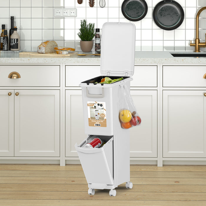 Pattumiera da Cucina per Raccolta Differenziata 2 Scomparti Capacità 29 L con Pedale e Ruote 26x36x76,6 cm in PP Bianco