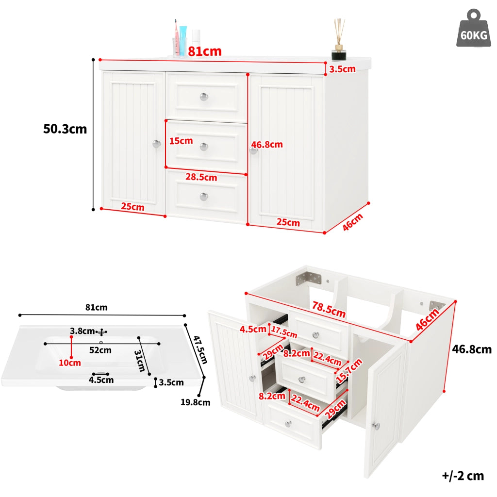 MOBILE bagno sospeso con lavabo in ceramica 78,5x46x46,8 cm bianco