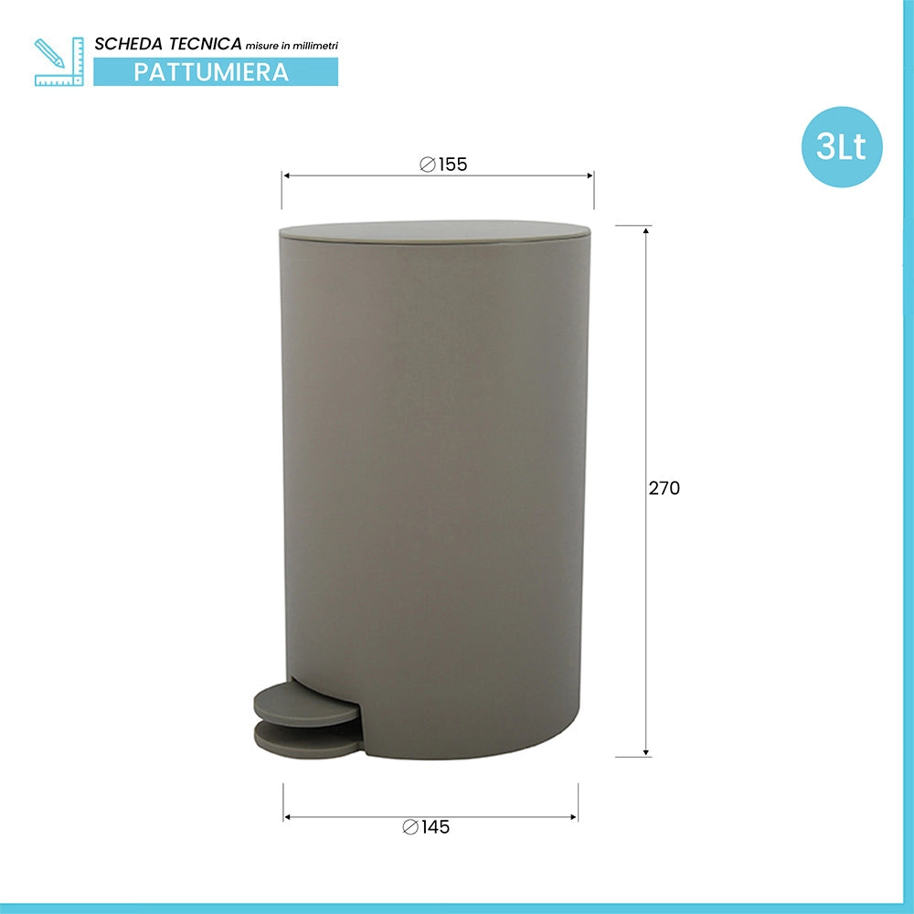Pattumiera bagno 3 Lt tortora con apertura a pedale Orbix