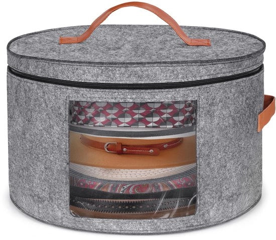 Organizzatore per cappelli in cartone - Portaoggetto in cartone con vetrina trasparente - Organizzatore per accessori con maniglie in pelle - Dimensioni: 43 x 26 cm - Contenitore per cappelli