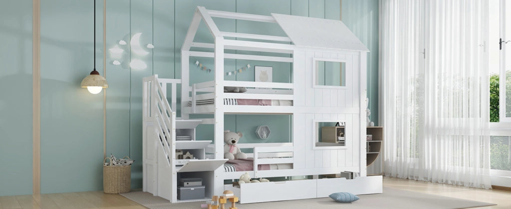 Letto a castello per bambini con scala armadio e cassetto, 90x200 cm, bianco