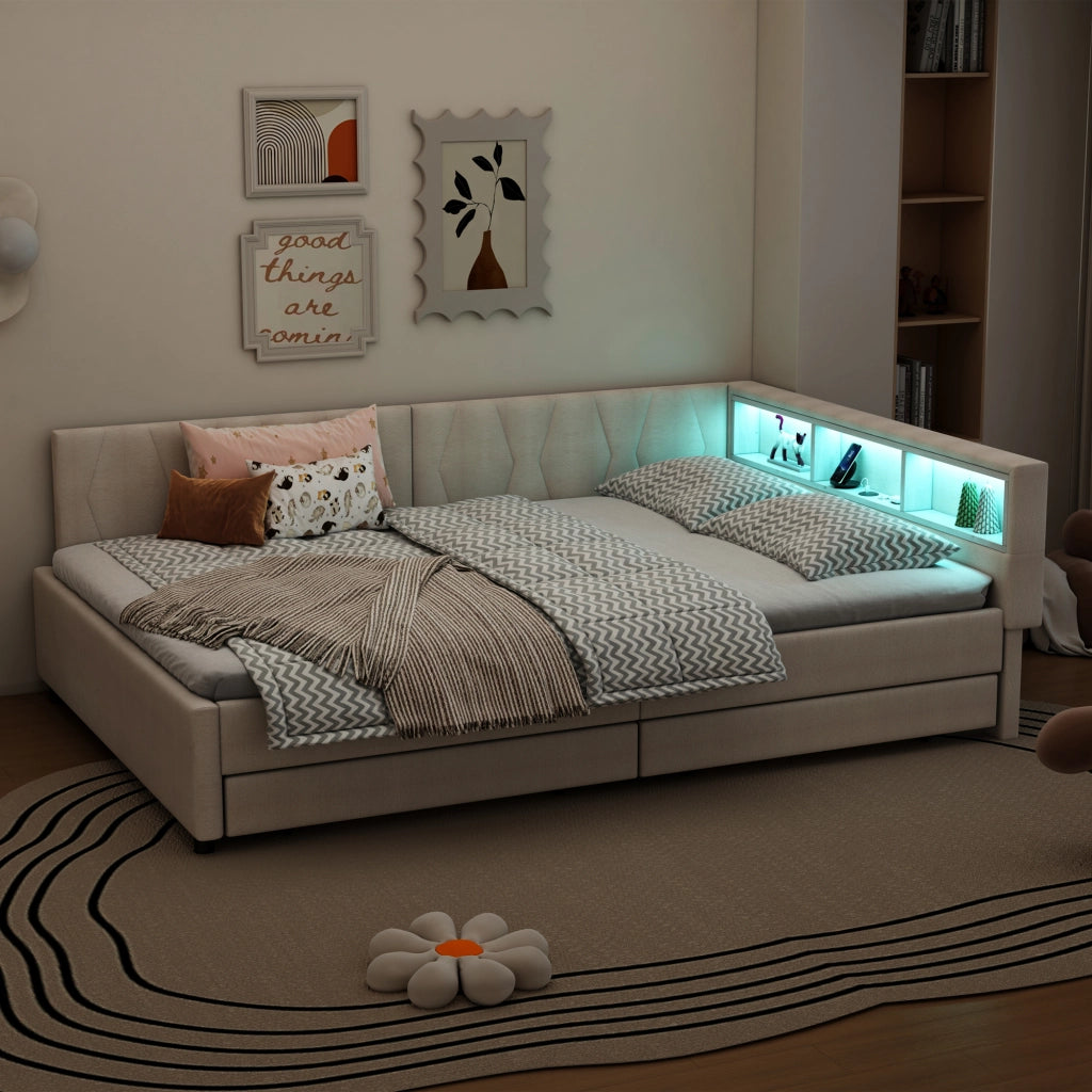 LETTO da giorno 140x200 cm beige in lino e MDF con USB+Type C e LED