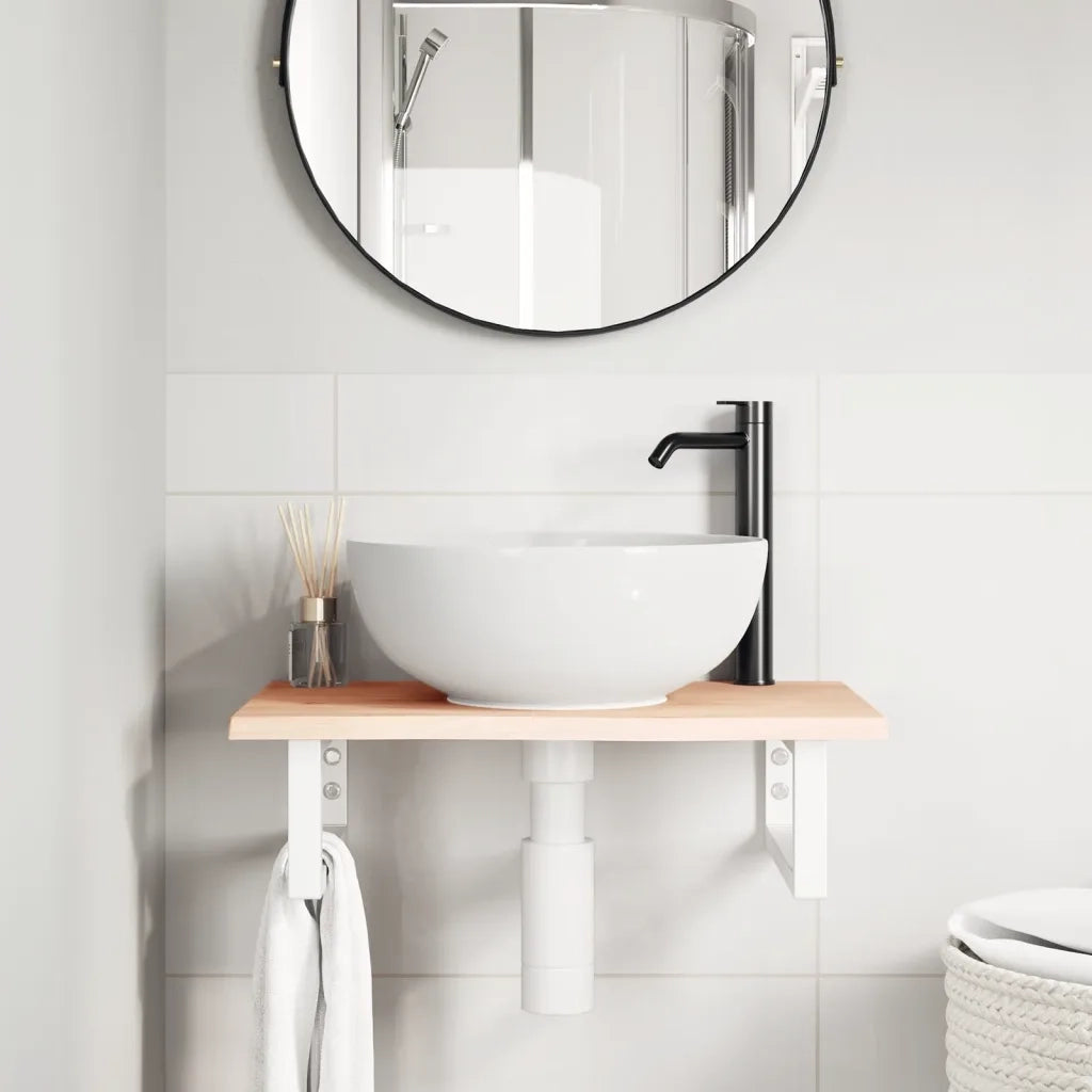 Ripiano a Parete per Lavabo in Acciaio e Massello di Rovere