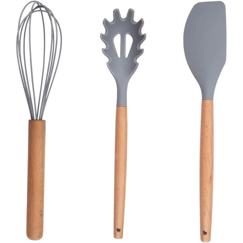 Set Utensili da Cucina Grigio e Supporto 12 Pezzi Utensili Silicone Manico Legno