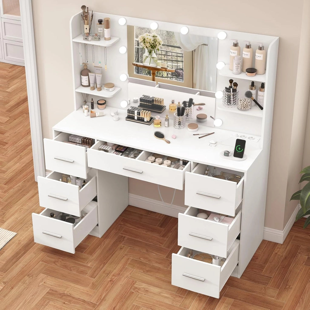 Toeletta Trucco con Luci, Led Regolabili, 3 Colori Regolabili, Toletta con Grande Specchio,Presa,Bianco, 7 Cassetti, 4 Ripiani Aperti e 5 Ganci per Gioielli per la Camera da Letto