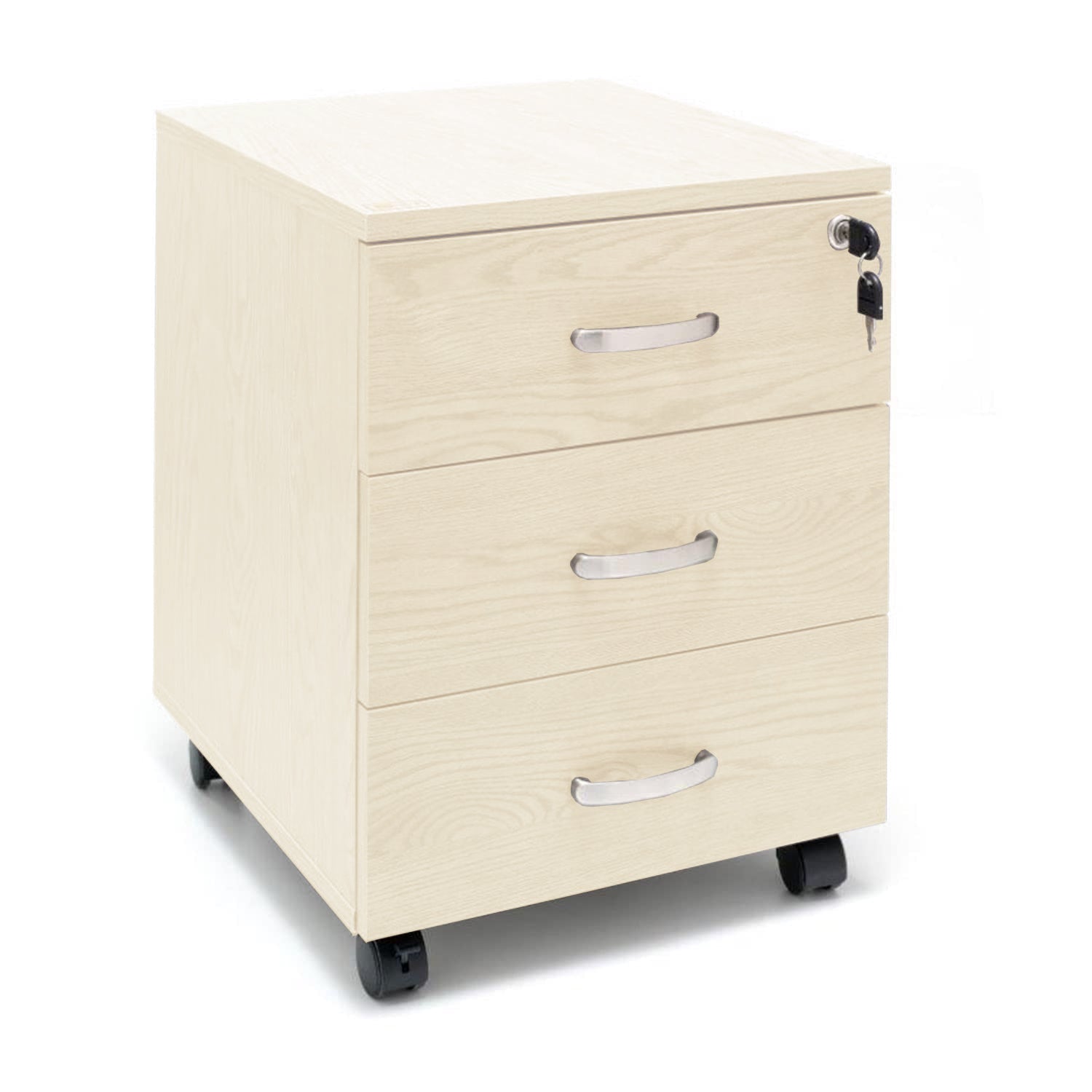 Marvin Cassettiera Ufficio In Legno Chiave Sicurezza Con Ruote Per Scrivania Tavolo 3 Cassetti Ripiani Beige