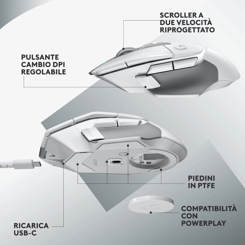 Logitech G G502 X LIGHTSPEED Mouse Gaming Wireless - Mouse Ottico con Switch Ottico-Meccanici Ibridi LIGHTFORCE, Sensore per Gaming HERO 25K, Compatibile con PC - macOS/Windows - Bianco