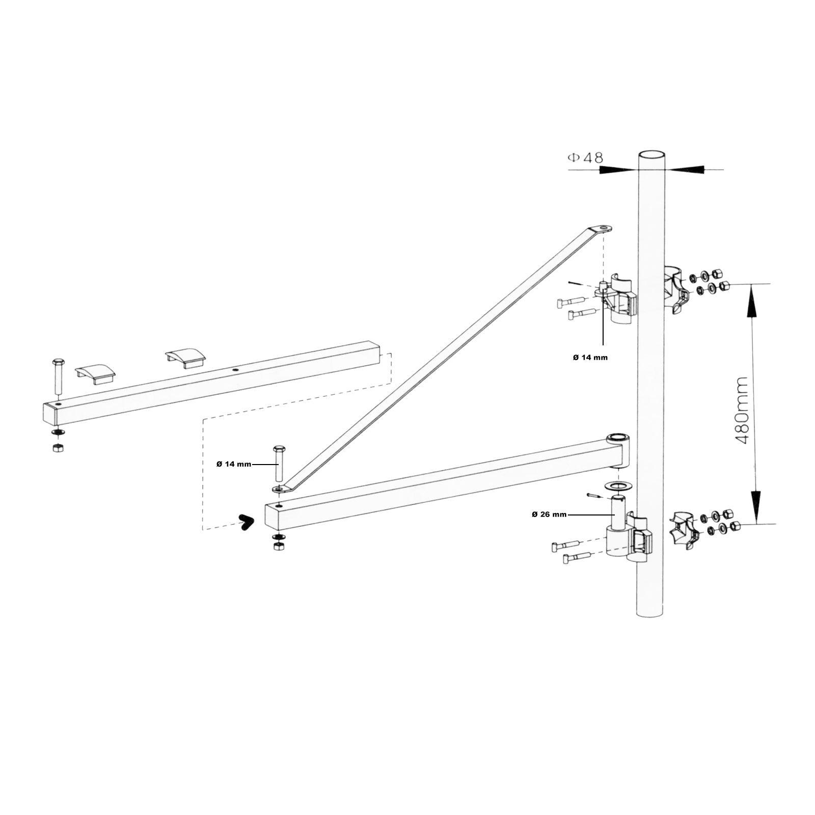 Supporto a bandiera per paranco 600kg 110cm braccio girevole