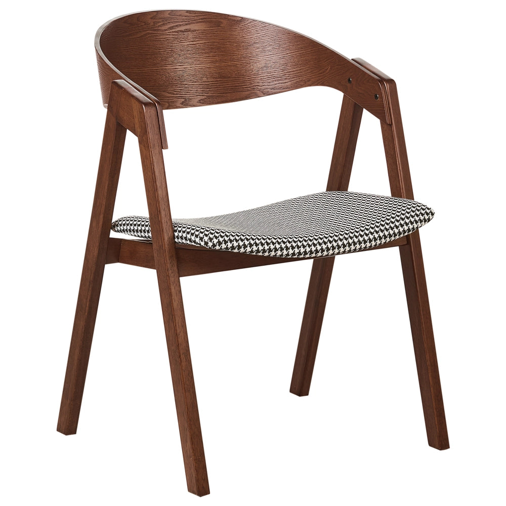 Set di 2 sedie da pranzo in legno scuro, compensato, bianco e nero, tessuto poliestere, pied de poule, gambe in legno di gomma, stile retrò e tradizionale.