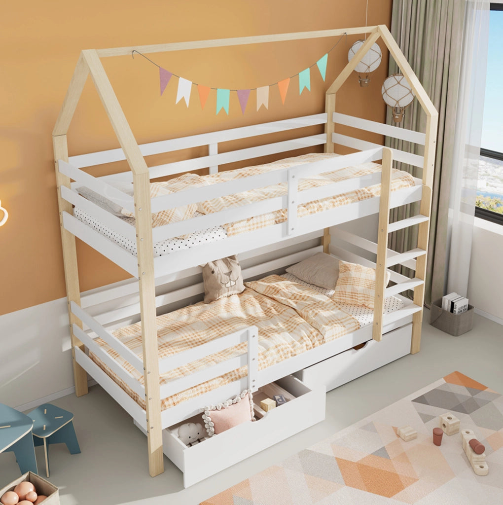 Letto per bambini a casetta 90x200 cm in legno di pino; bianco e rovere; con cassetti e rete a doghe