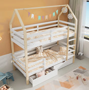 Letto per bambini a casetta 90x200 cm in legno di pino; bianco e rovere; con cassetti e rete a doghe