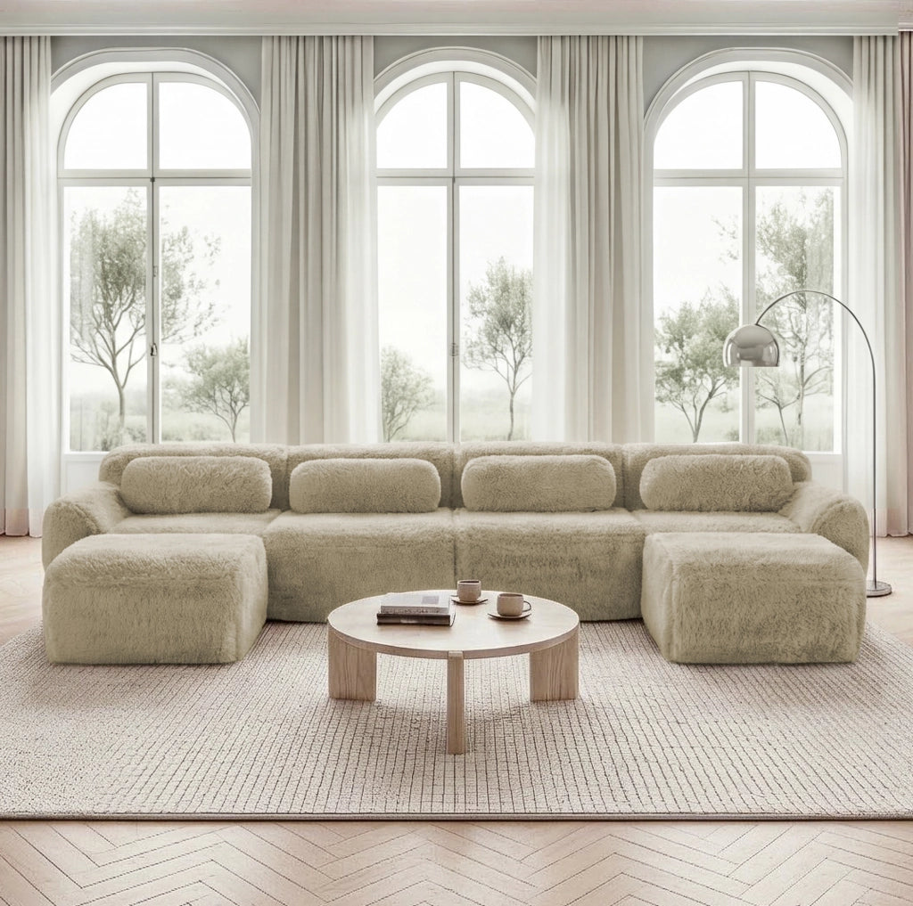 Divano modulare angolare in tessuto plush light khaki 378x179x73 cm; senza montaggio