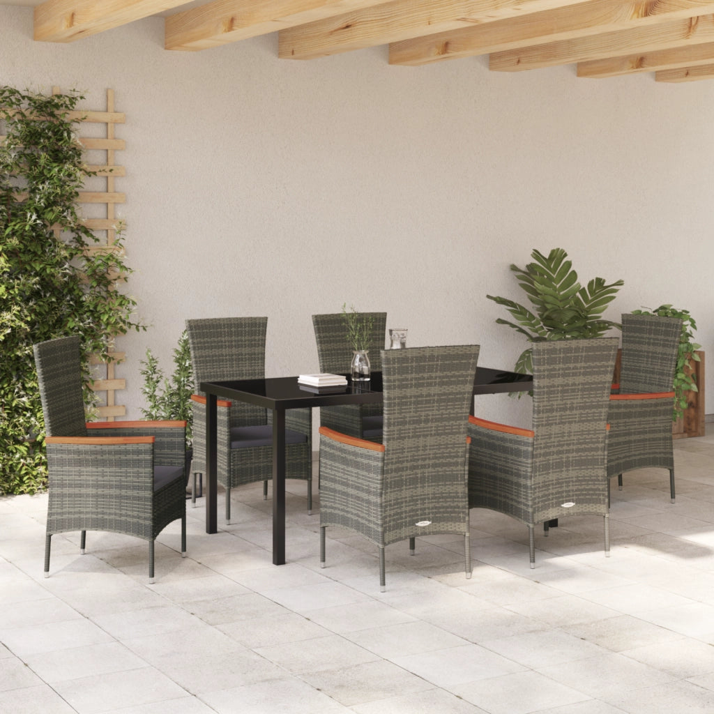 Set da Pranzo per Giardino da 7 Pezzi con Cuscini Rattan Poliestere Grigio
