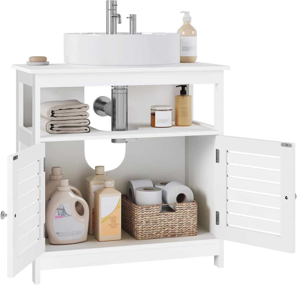 Armadietto Sottolavabo Bianco Mobiletto sotto Lavandino Sottolavello per Bagno con Due Ante in Legno